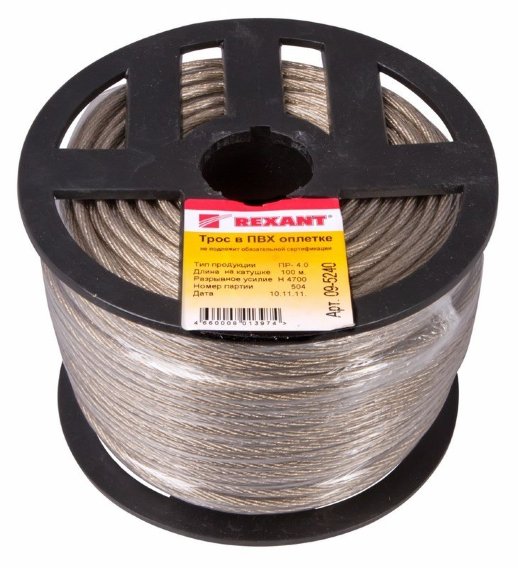 Трос стальной Rexant Трос стальной в ПВХ оплетке d=4,0 мм, прозрачный (100м)(09-5240)