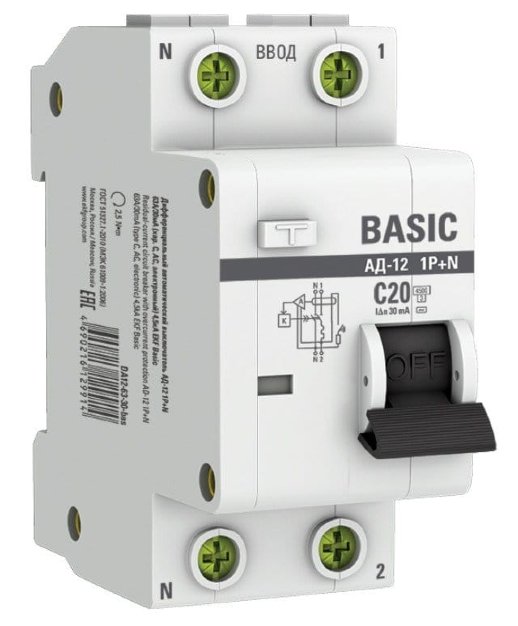 АВДТ АД-12 1P+N 20А 30мА тип АС х-ка C эл. 4,5кА Basic (DA12-20-30-bas)