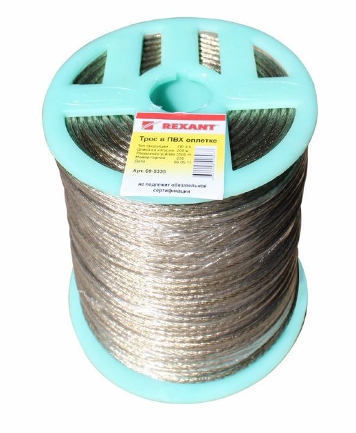 Трос стальной Rexant Трос стальной в ПВХ оплетке d=3,5 мм, прозрачный (200м)(09-5335)