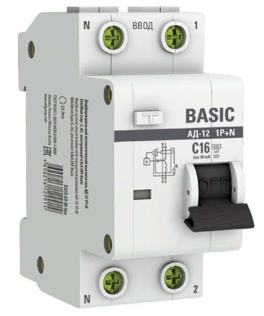 АВДТ АД-12 1P+N 16А 30мА тип АС х-ка C эл. 4,5кА Basic (DA12-16-30-bas)