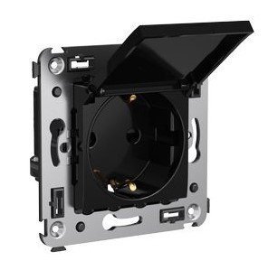 Розетка с крышкой ДКС Розетка с крышкой в стену, 2P+E Avanti черный квадрат (4402013)