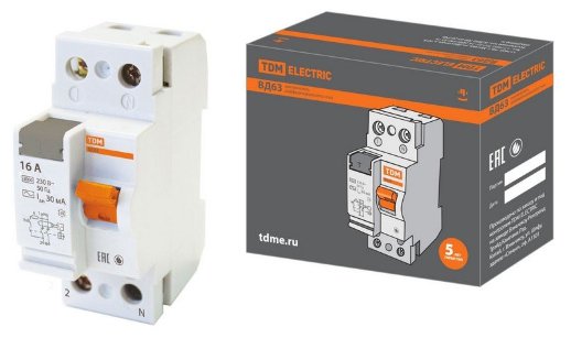 Автоматический выключатель дифференциальный (УЗО) TDM ЕLECTRIC УЗО ВД63 2Р 16А 30мА, электронное (SQ0220-0001)