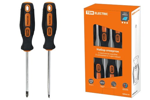 Набор отверток 6 шт.: SL:3x75,5x100,6x100, PH:0х75,1x100,2x100, пластиковый чемодан, CR-V 'Алмаз' TDM (SQ1013-0205)