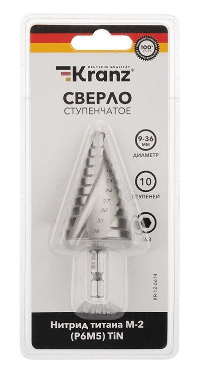 Сверло по металлу шлифованное Kranz Сверло по металлу ступенчатое ТИТАН 9,0-36,0 мм 110 mm 65 HRC Р6М5 TiN Kranz (KR-12-6614)