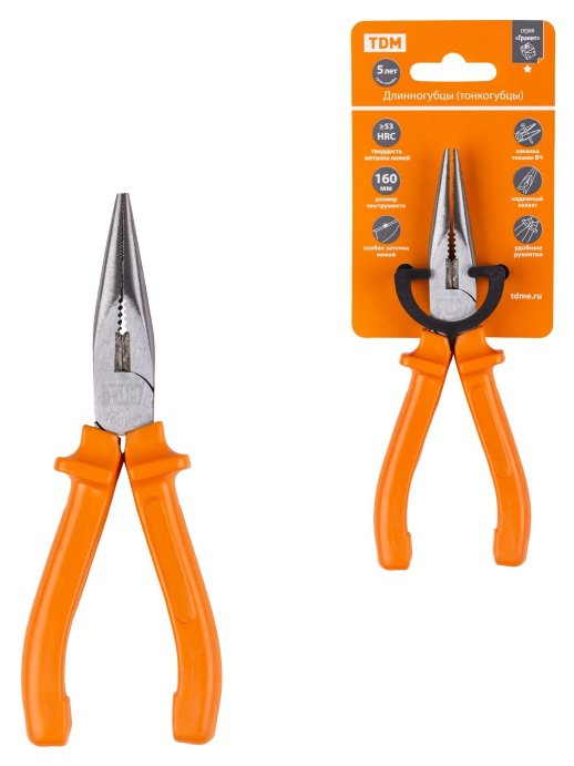 Длинногубцы (тонкогубцы), с пластиковыми рукоятками, углеродистая сталь, 160мм 'Гранит' TDM (SQ1009-0201)