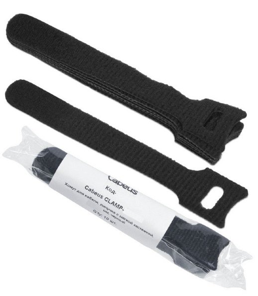 Хомут для кабеля, липучка с мягкой застежкой CABEUS CLAMP-210-BK (9361c) (10 шт)